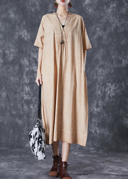 Bohemian Khaki V Neck Pockets Linen Long Dress Summer