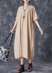 Bohemian Khaki V Neck Pockets Linen Long Dress Summer