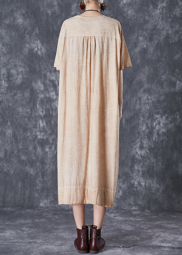 Bohemian Khaki V Neck Pockets Linen Long Dress Summer