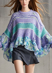 Bohemian Lavender Oversized Patchwork Print Knit Sweaters Batwing Sleeve