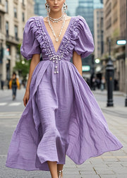 Bohemian Lavender Ruffled Nail Bead Cotton Dress Puff Sleeve