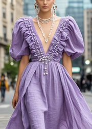 Bohemian Lavender Ruffled Nail Bead Cotton Dress Puff Sleeve