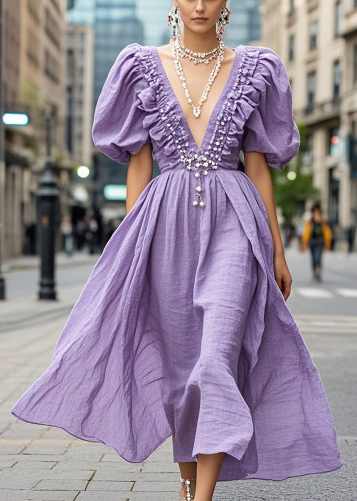 Bohemian Lavender Ruffled Nail Bead Cotton Dress Puff Sleeve