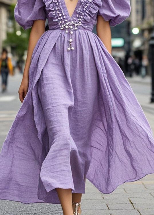 Bohemian Lavender Ruffled Nail Bead Cotton Dress Puff Sleeve