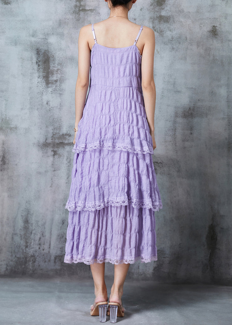 Bohemian Lavender Wrinkled Patchwork Lace Cotton Sundress Summer