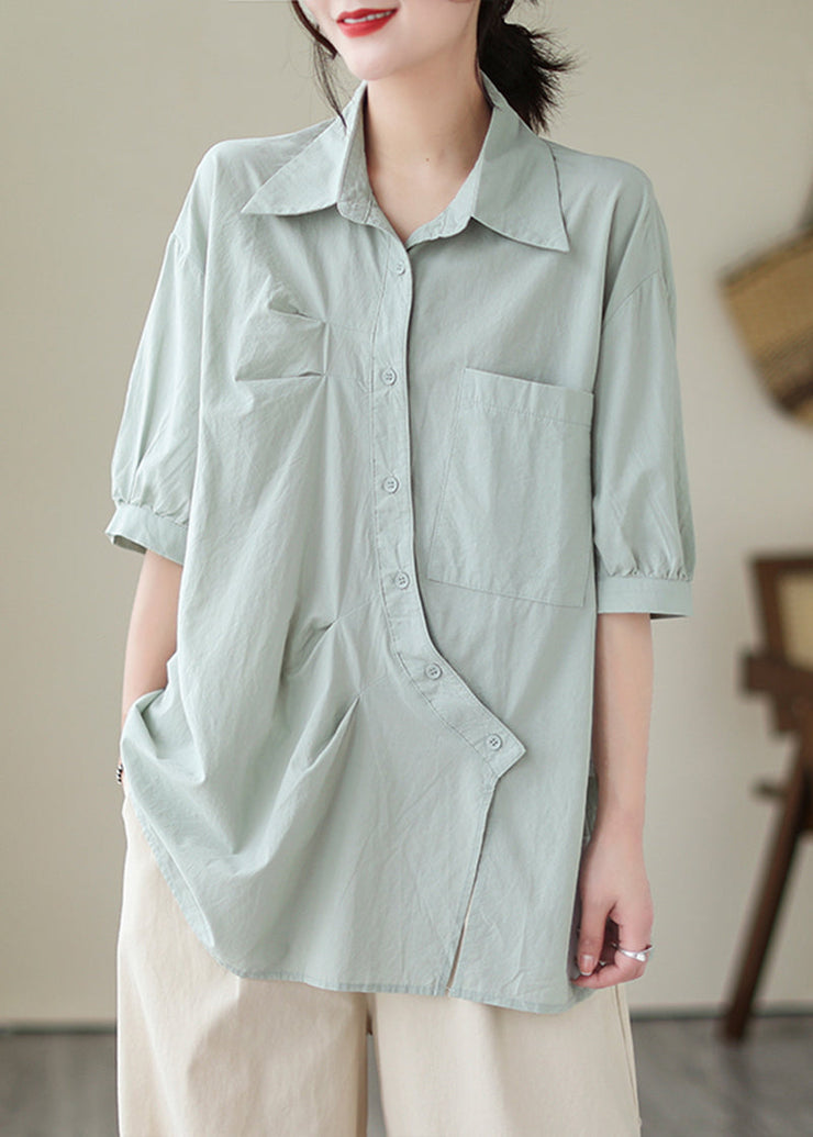 Bohemian Light Blue Asymmetrical Wrinkled Cotton Blouses Half Sleeve