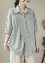 Bohemian Light Blue Asymmetrical Wrinkled Cotton Blouses Half Sleeve