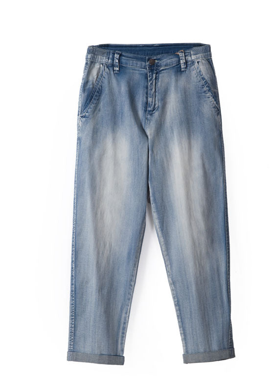 Bohemian Light Blue High Waist Cotton Denim Pants Fall