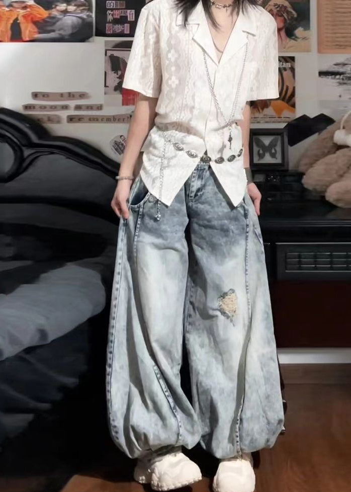 Bohemian Light Blue High Waist Denim Ripped Jeans Spring