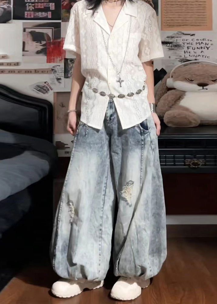 Bohemian Light Blue High Waist Denim Ripped Jeans Spring