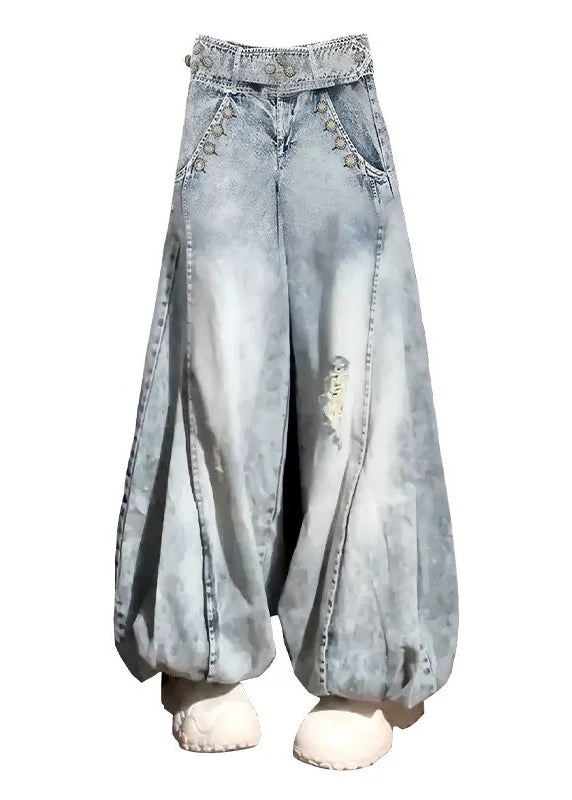 Bohemian Light Blue High Waist Denim Ripped Jeans Spring