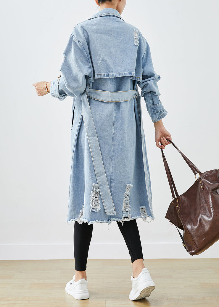 Bohemian Light Blue Lapel Double Breast Denim Ripped Coats Fall