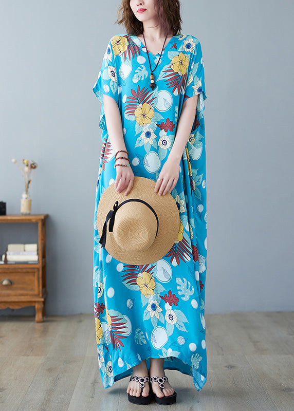 Bohemian Light Blue O-Neck Print Cotton Maxi Dresses Summer