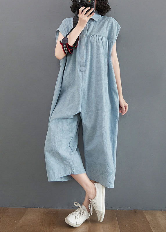 Bohemian Light Blue Oversized Patchwork Cotton Jumpsuit Summer