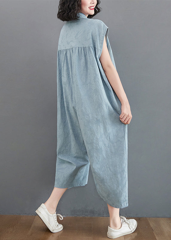 Bohemian Light Blue Oversized Patchwork Cotton Jumpsuit Summer