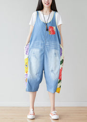 Bohemian Light Blue Oversized Patchwork Print Cotton Denim Jumpsuits Summer