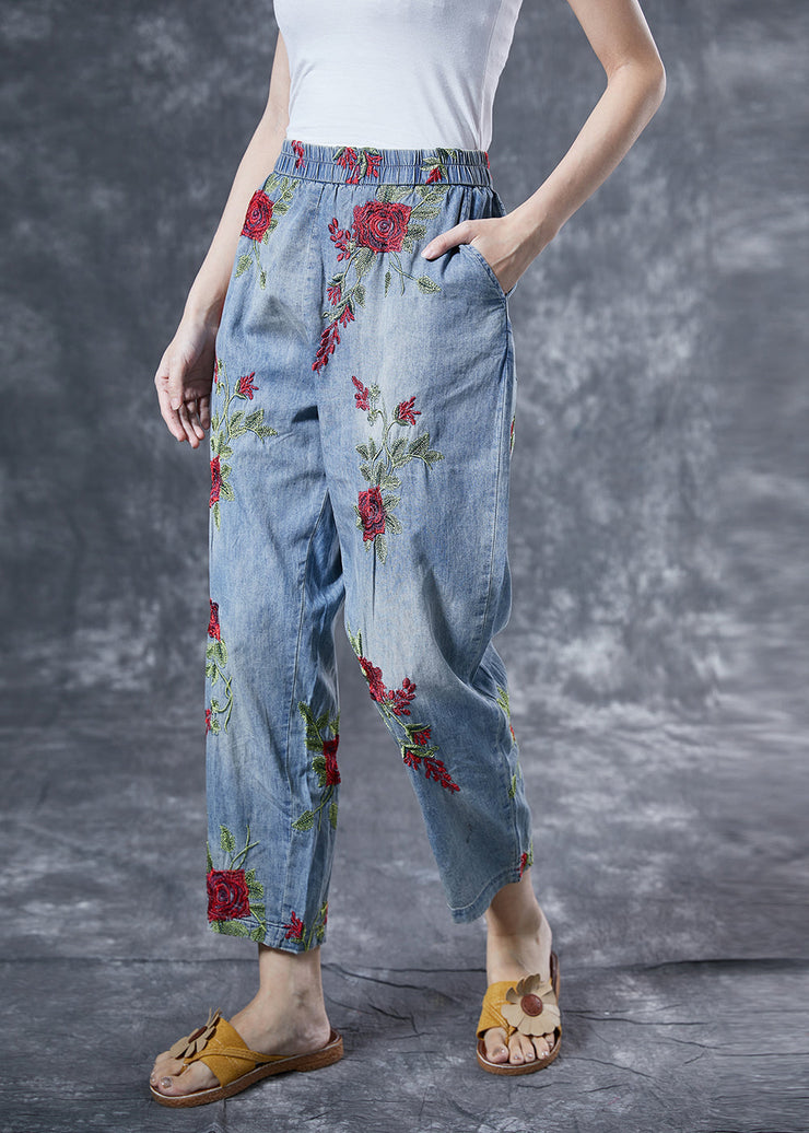 Bohemian Light Blue Rose Embroideried Pockets Cotton Harem Pants Summer