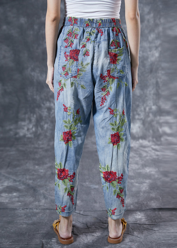 Bohemian Light Blue Rose Embroideried Pockets Cotton Harem Pants Summer