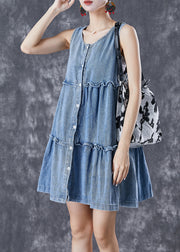 Bohemian Light Blue Ruffled Patchwork Denim Mini Dresses Sleeveless