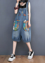 Bohemian Light Blue Slash Neck Print Button Denim Jumpsuit Summer