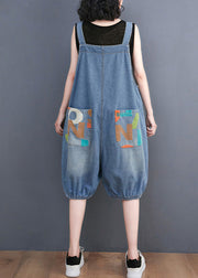 Bohemian Light Blue Slash Neck Print Button Denim Jumpsuit Summer