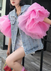 Bohemian Light Blue Tulle Ruffled Patchwork Denim Top Summer