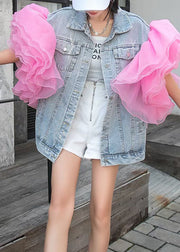 Bohemian Light Blue Tulle Ruffled Patchwork Denim Top Summer