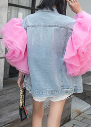 Bohemian Light Blue Tulle Ruffled Patchwork Denim Top Summer