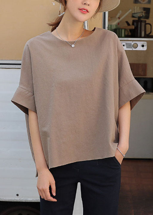 Bohemian Light Camel O Neck Patchwork Cotton T Shirt Half Sleeve