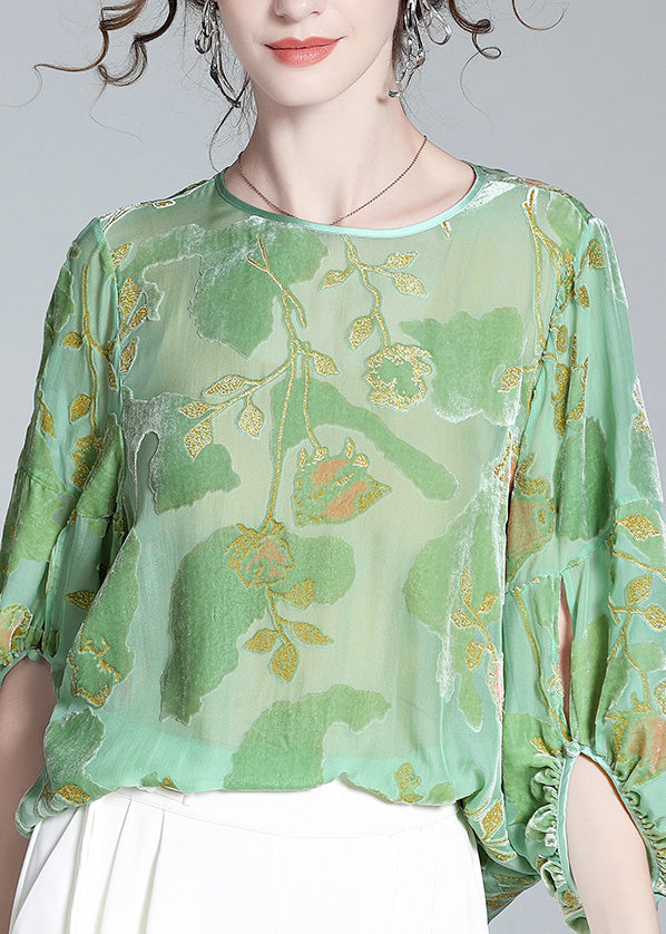 Bohemian Light Green O-Neck Print Velour Tops Long Sleeve