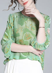 Bohemian Light Green O-Neck Print Velour Tops Long Sleeve