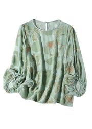 Bohemian Light Green O-Neck Print Velour Tops Long Sleeve