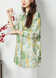 Bohemian Light Green Peter Pan Collar Print Cotton Long Shirt Spring