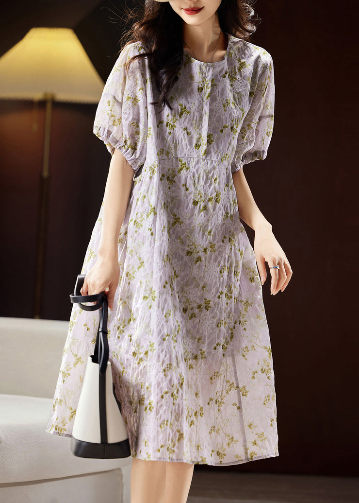 Bohemian Light Purple Print Patchwork Cotton Holiday Long Dress Puff Sleeve