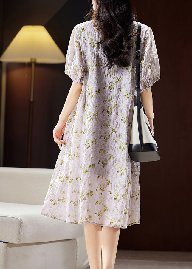 Bohemian Light Purple Print Patchwork Cotton Holiday Long Dress Puff Sleeve