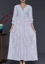 Bohemian Light Purple V Neck Print Cotton Ankle Dress Spring