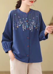 Bohemian Loose Blue Embroidered Linen Blouses Long Sleeve