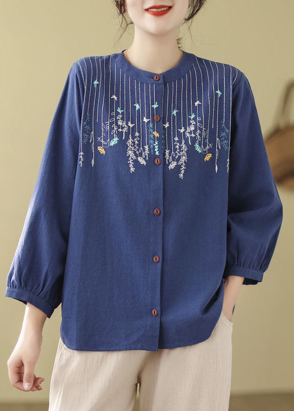 Bohemian Loose Blue Embroidered Linen Blouses Long Sleeve