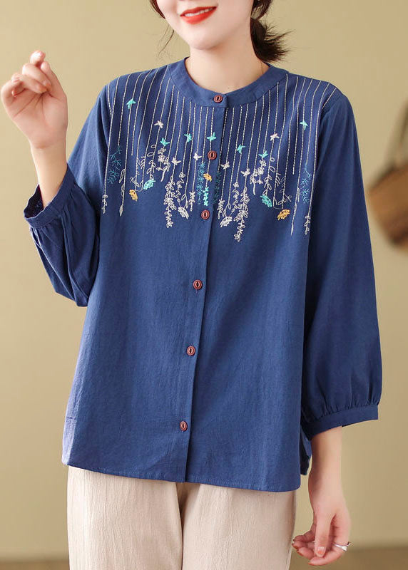 Bohemian Loose Blue Embroidered Linen Blouses Long Sleeve
