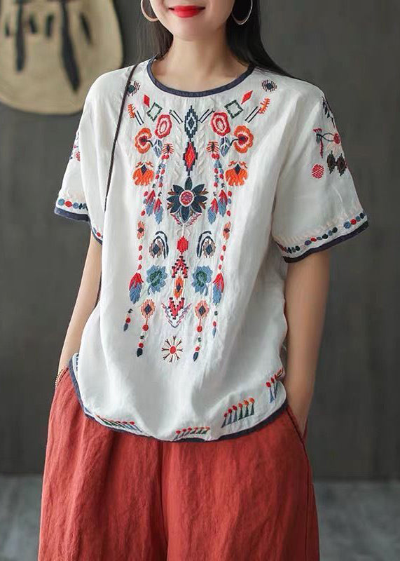 Bohemian Loose White Embroidered Cotton T Shirt Summer