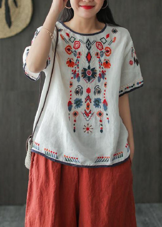 Bohemian Loose White Embroidered Cotton T Shirt Summer