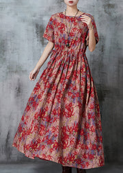 Bohemian Maple Leaves Print Linen Cinched Dress Summer