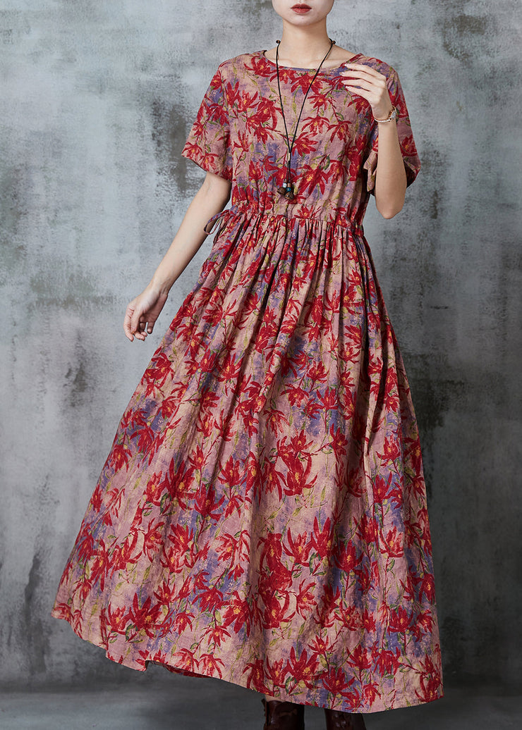 Bohemian Maple Leaves Print Linen Cinched Dress Summer