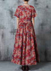 Bohemian Maple Leaves Print Linen Cinched Dress Summer