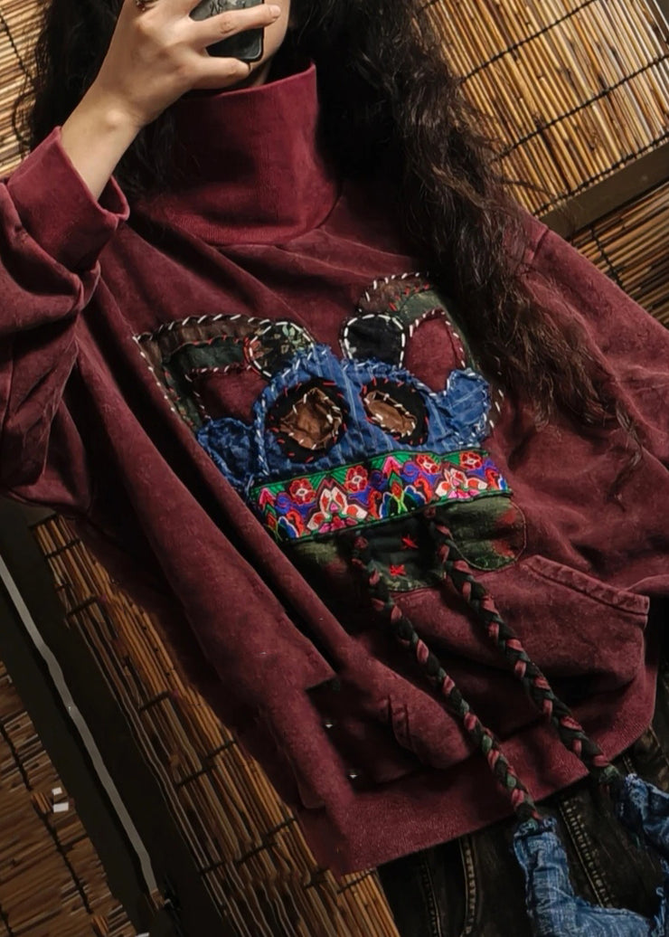 Bohemian Mulberry Hign Neck Embroidered Cotton Sweatshirts Spring