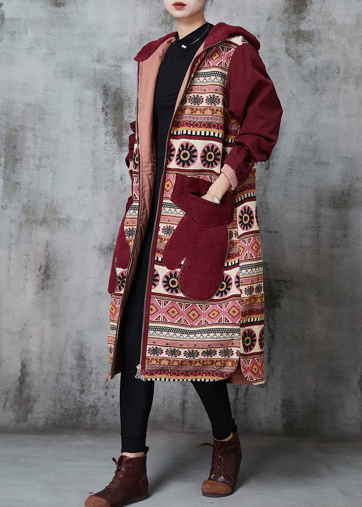 Bohemian Mulberry Hooded Print Pockets Fine Cotton Filled Coats Winter