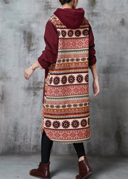 Bohemian Mulberry Hooded Print Pockets Fine Cotton Filled Coats Winter