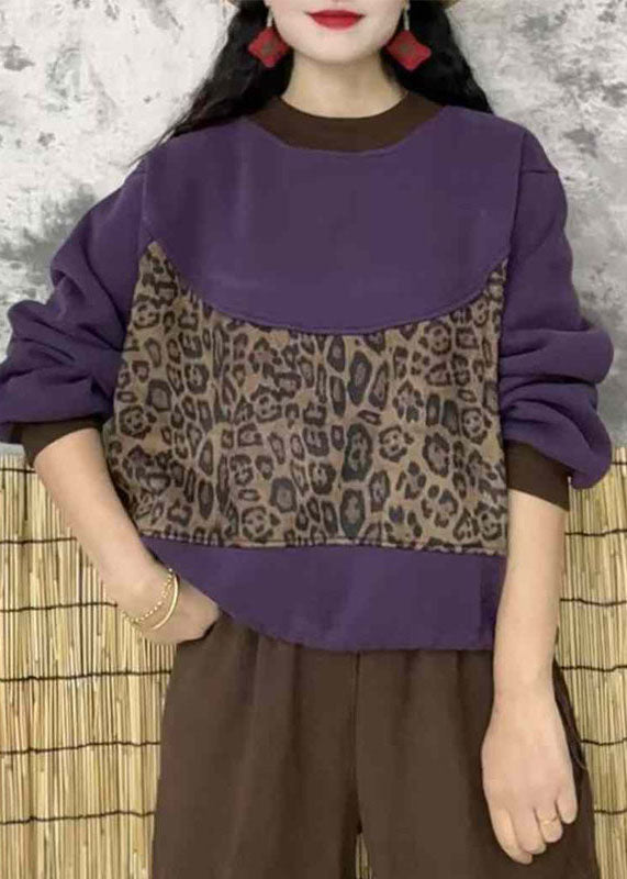 Bohemian Mulberry O Neck Leopar Patchwork Warm Fleece Top Winter