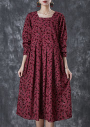 Bohemian Mulberry Square Collar Print Corduroy Robe Dresses Spring