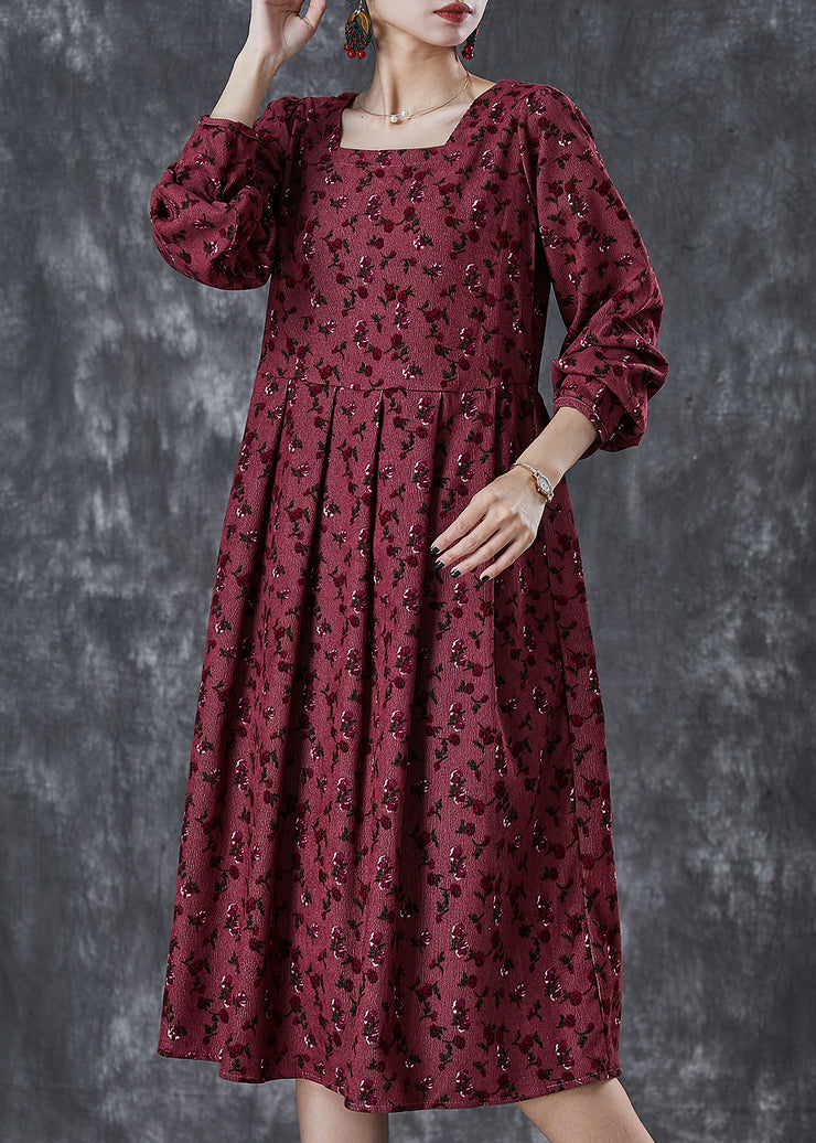 Bohemian Mulberry Square Collar Print Corduroy Robe Dresses Spring